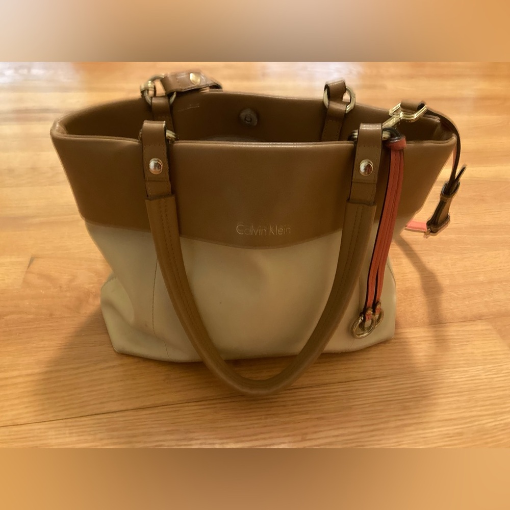 Calvin Klein Cream and Tan Colorblock Tote with Charm Accent